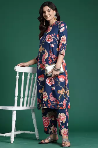 Blue printed viscose rayon kurta trouser set
