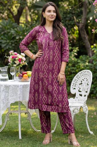 Burgundy printed pure cotton kurta trouser set