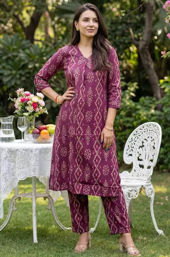 Burgundy printed pure cotton kurta trouser set