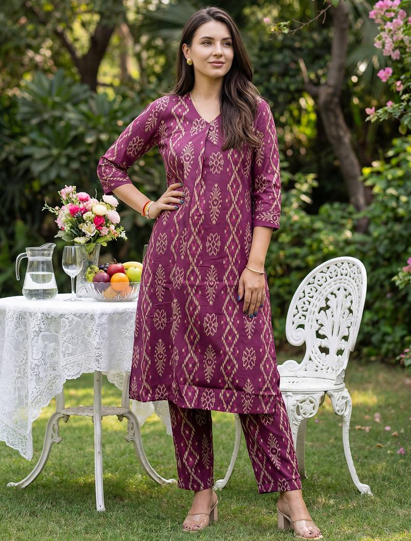 Burgundy printed pure cotton kurta trouser set