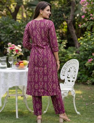 Burgundy printed pure cotton kurta trouser set 2