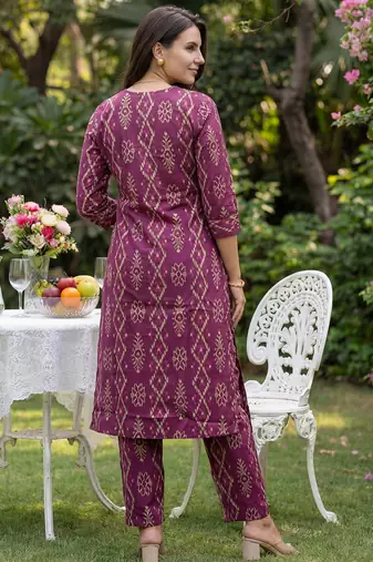 Burgundy printed pure cotton kurta trouser set