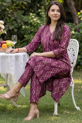 Burgundy printed pure cotton kurta trouser set