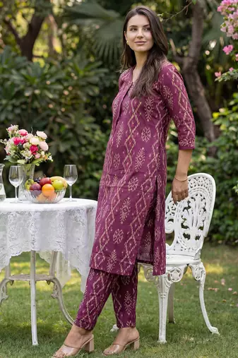 Burgundy printed pure cotton kurta trouser set