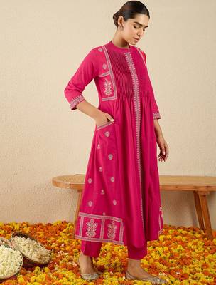 Pink printed pure cotton kurta trouser set 3