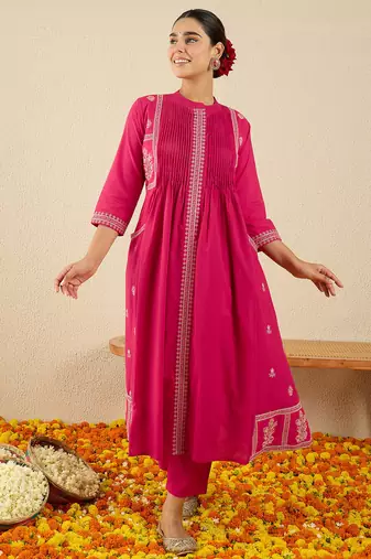 Pink printed pure cotton kurta trouser set