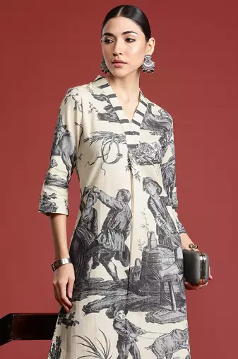 Beige printed linen kurta trouser set