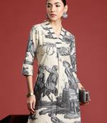 Beige printed linen kurta trouser set
