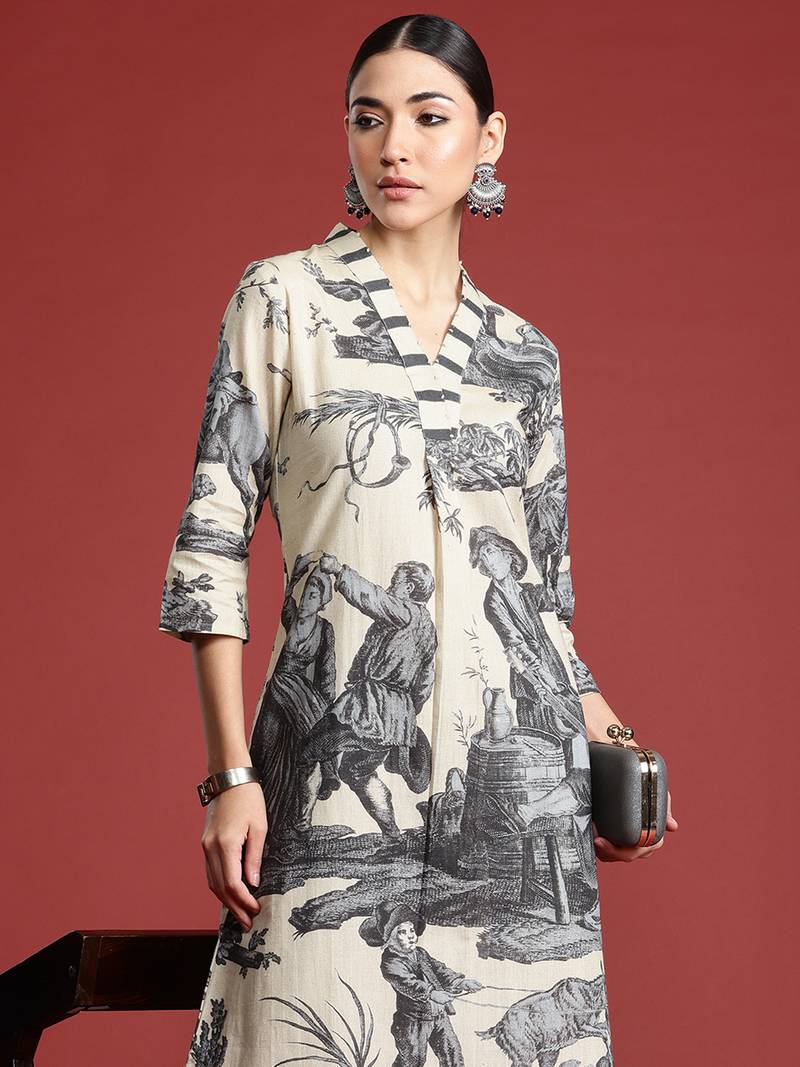 Beige printed linen kurta trouser set