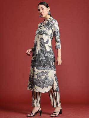 Beige printed linen kurta trouser set 2