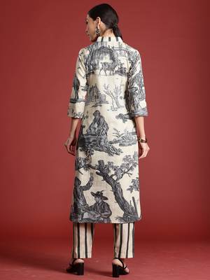 Beige printed linen kurta trouser set 3
