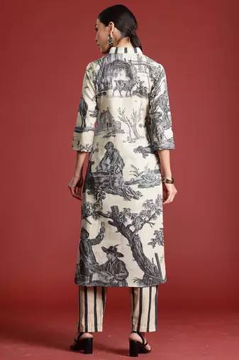 Beige printed linen kurta trouser set