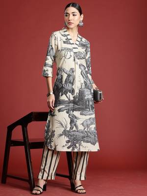 Beige printed linen kurta trouser set 4