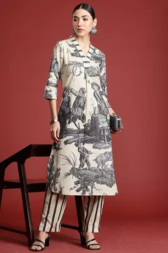 Beige printed linen kurta trouser set