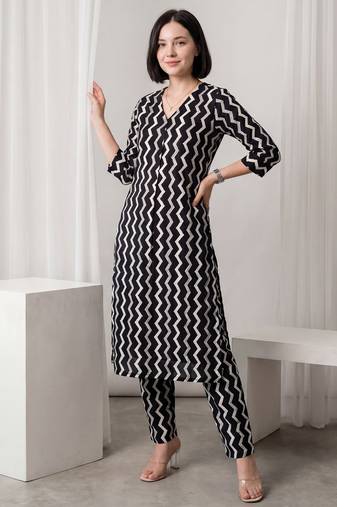 Black printed pure cotton kurta trouser set