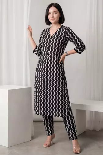 Black printed pure cotton kurta trouser set