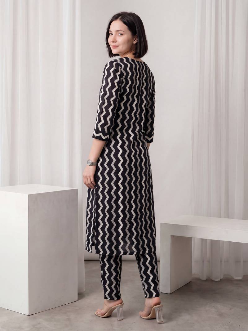 Black printed pure cotton kurta trouser set