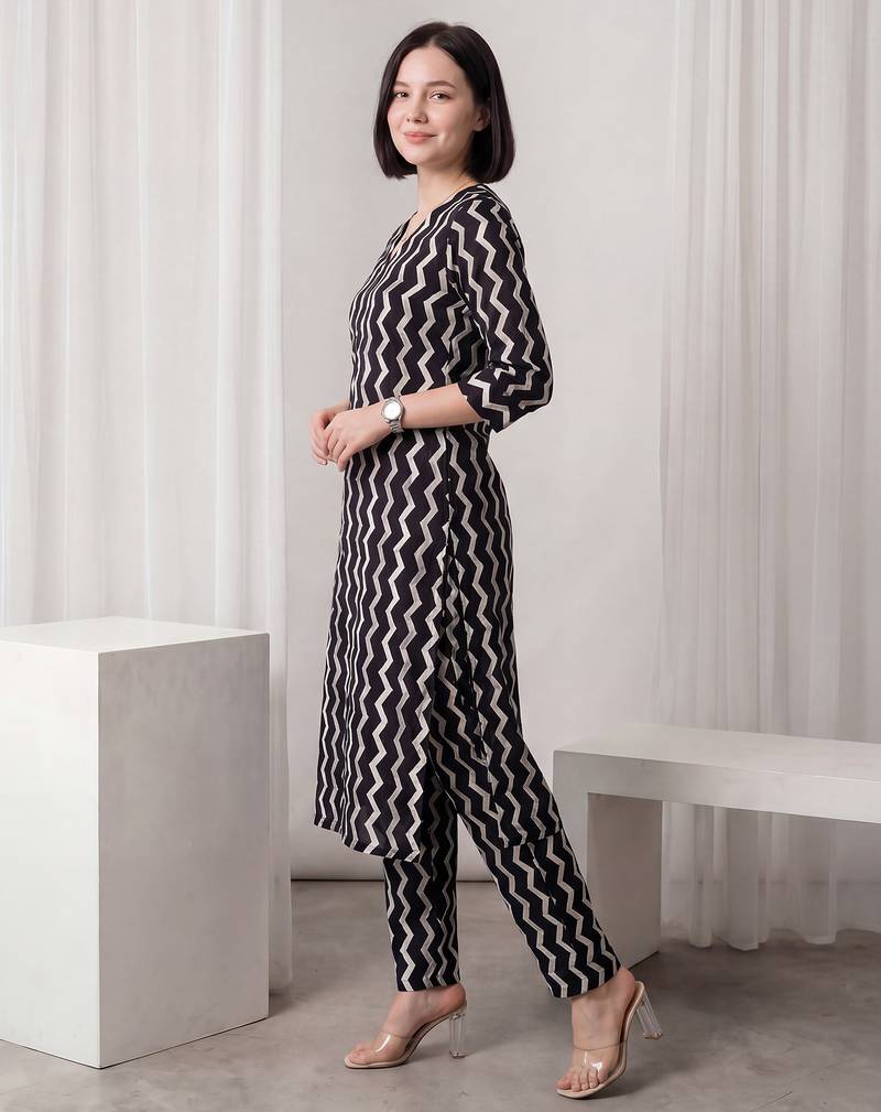Black printed pure cotton kurta trouser set