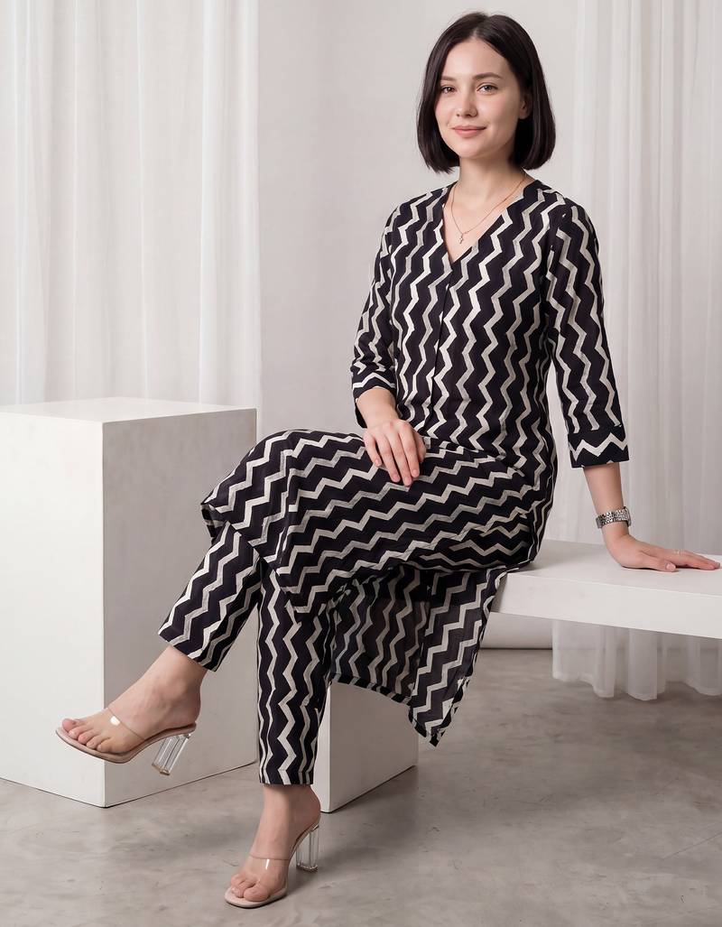 Black printed pure cotton kurta trouser set
