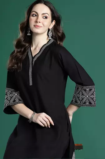 Black embroidered viscose rayon kurta trouser set