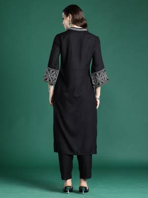 Black embroidered viscose rayon kurta trouser set 2