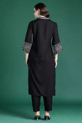 Black embroidered viscose rayon kurta trouser set