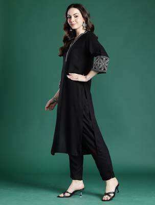 Black embroidered viscose rayon kurta trouser set 3