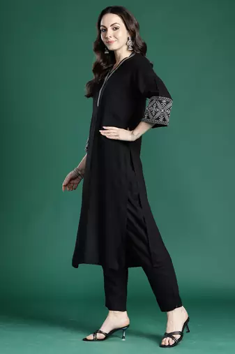 Black embroidered viscose rayon kurta trouser set