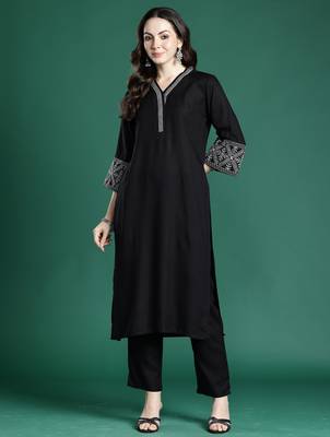 Black embroidered viscose rayon kurta trouser set 4