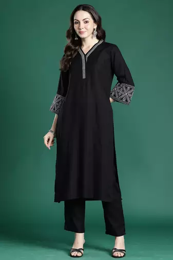 Black embroidered viscose rayon kurta trouser set
