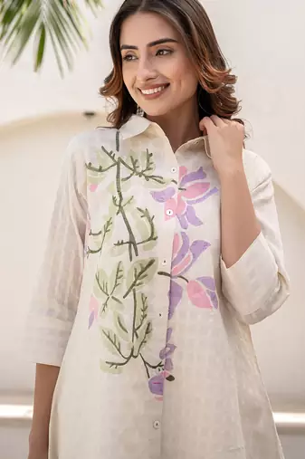 White printed pure cotton kurta trouser set