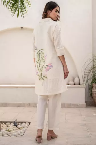 White printed pure cotton kurta trouser set