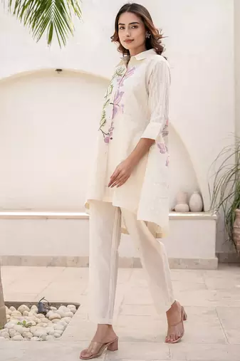 White printed pure cotton kurta trouser set