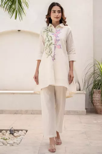 White printed pure cotton kurta trouser set