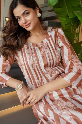 Brown printed pure cotton kurta trouser set