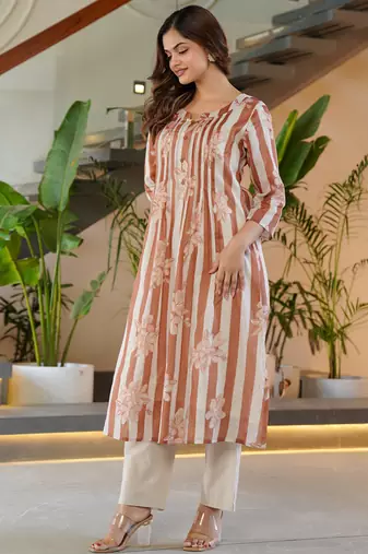 Brown printed pure cotton kurta trouser set