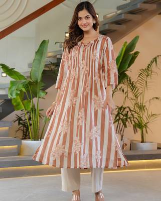 Brown printed pure cotton kurta trouser set 4