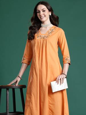 Orange embroidered pure cotton kurta trouser set 1