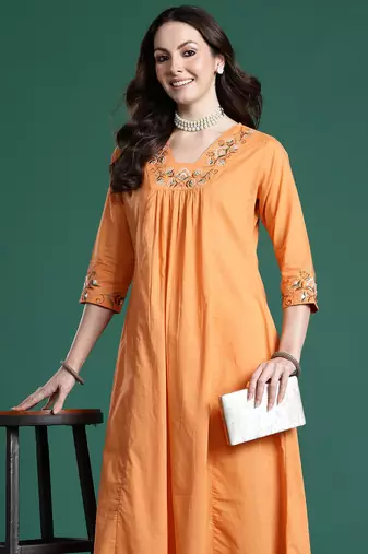 Orange embroidered pure cotton kurta trouser set