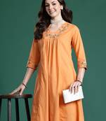 Orange embroidered pure cotton kurta trouser set