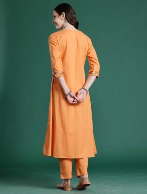 Orange embroidered pure cotton kurta trouser set 2