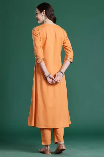 Orange embroidered pure cotton kurta trouser set