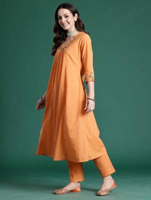 Orange embroidered pure cotton kurta trouser set 3