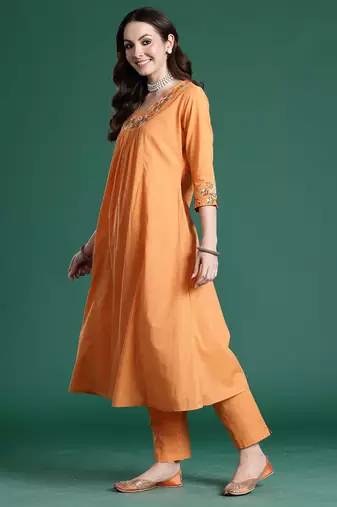 Orange embroidered pure cotton kurta trouser set
