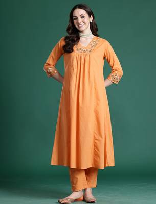 Orange embroidered pure cotton kurta trouser set 4