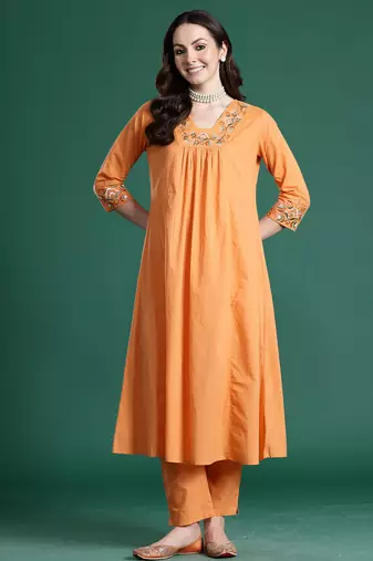 Orange embroidered pure cotton kurta trouser set