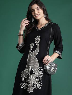 Black embroidered viscose rayon kurta trouser set 1