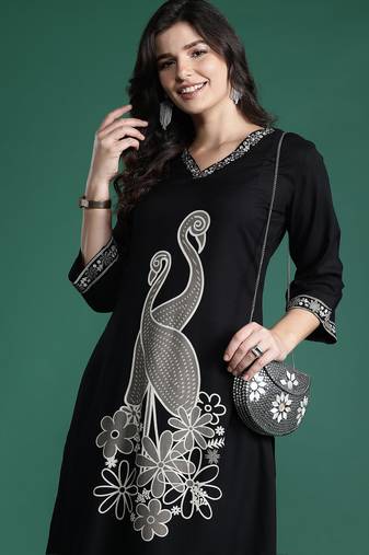 Black embroidered viscose rayon kurta trouser set