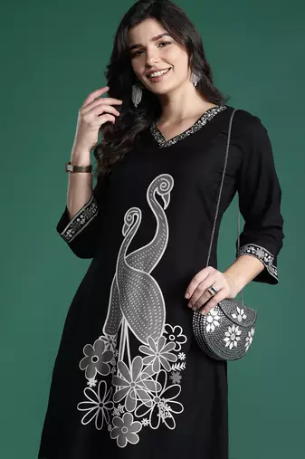 Black embroidered viscose rayon kurta trouser set