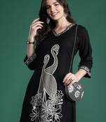 Black embroidered viscose rayon kurta trouser set